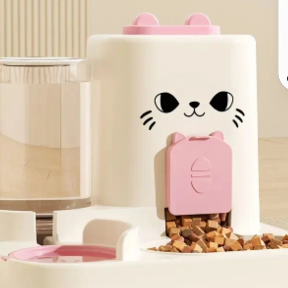 Automatic Pet Feeder with Cute Cat Design - Pink and White